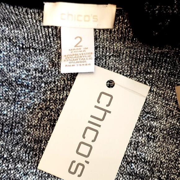 Chicos Black Silver Metallic Brocade Wool Blend Open Front Midi Cardigan SZ 2(L) - Picture 8 of 9